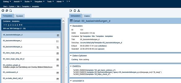 Bildschirmfoto Ansicht Metadaten eines Templates