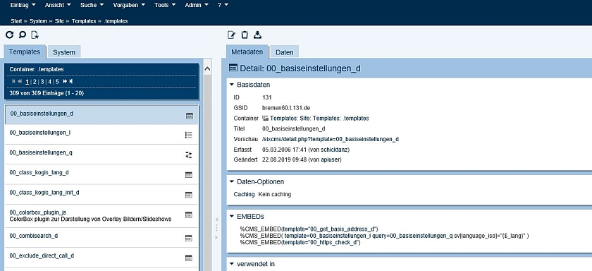 Bildschirmfoto Ansicht Metadaten eines Templates