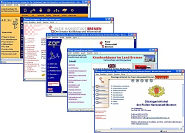 Unterschiedlich gestaltete Webauftritte der Freien Hansestadt Bremen aus dem Jahr 2004