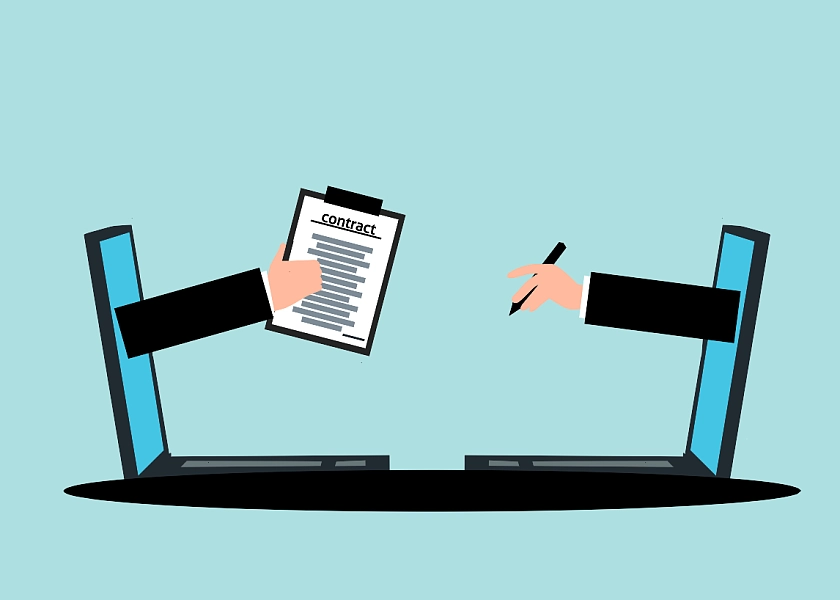 Illustration einer Kontraktübergabe von zwei Händen aus jeweils einem Monitor